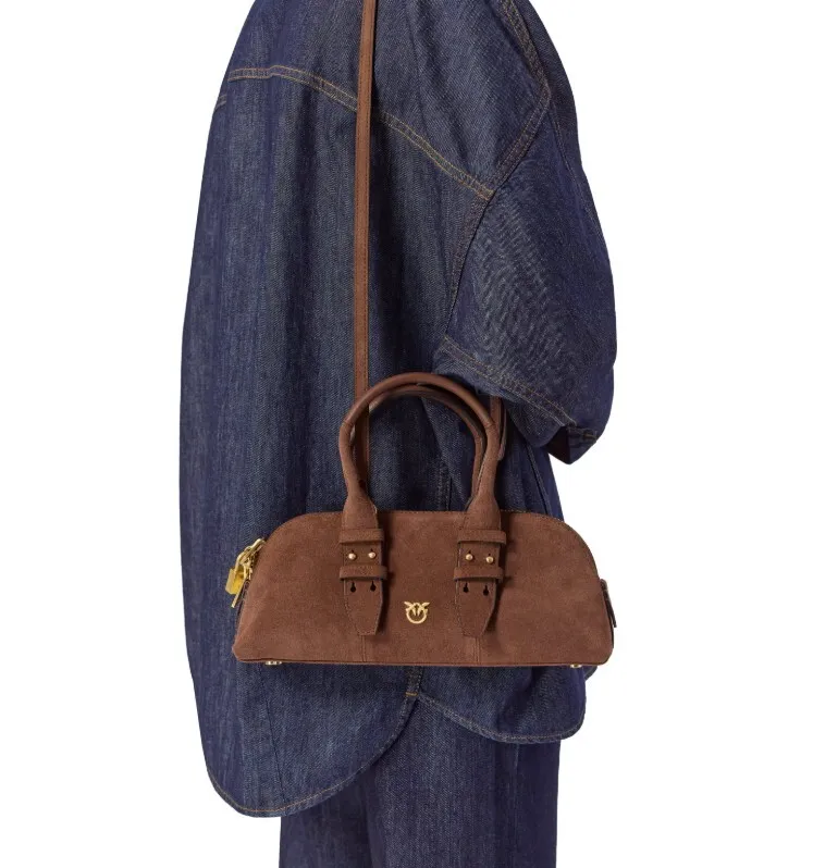 LOVE BAG MINI BOWLING BAGUETTE IN SUEDE — cognac